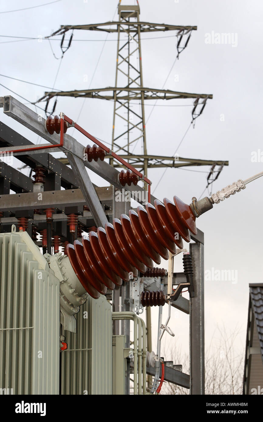 Electric power substation, Huekeswagen, North Rhine-Westphalia, Germany, Europe Stock Photo