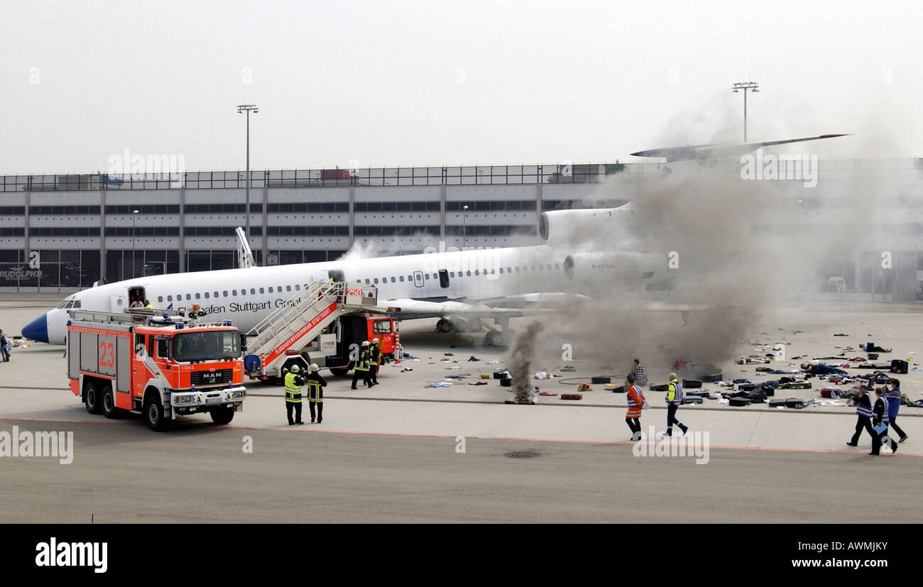 Emergency exercise plane crash, airport Stuttgart, Baden-Wuerttemberg, Germany Stock Photo