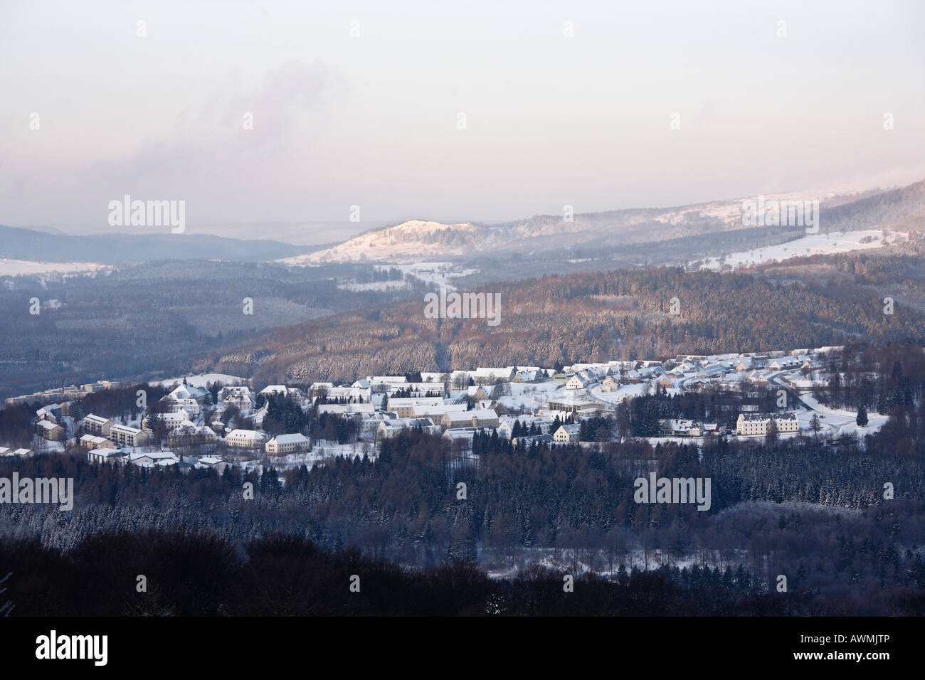 Wildflecken Barracks seen from Mt. Arnsberg, Rhoen Mountains, Lower Franconia, Bavaria, Germany, Europe Stock Photo
