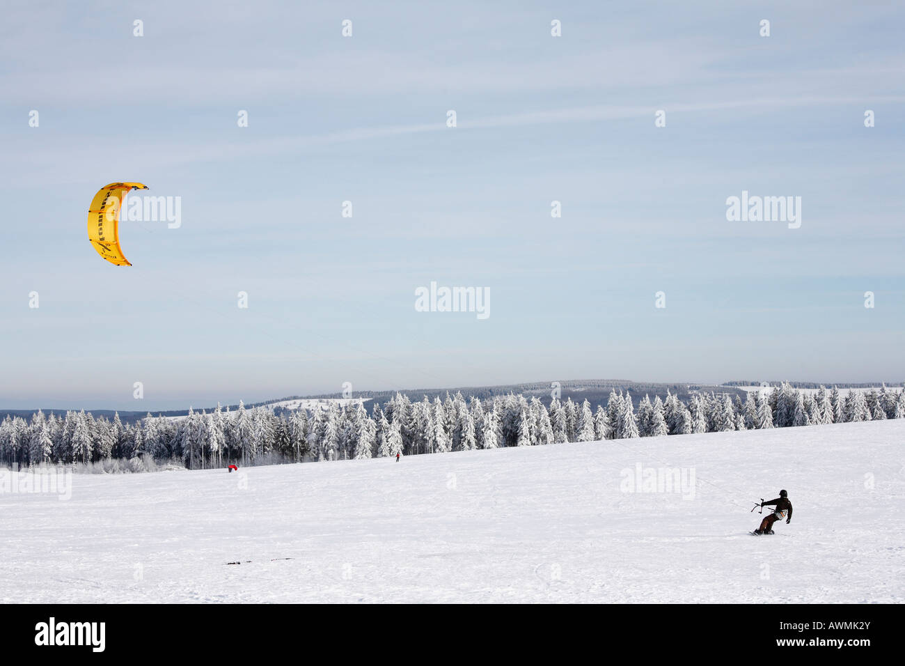 Snowkiting, kiteskiing, Mt. Wasserkruppe, Rhoen Mountains, Hesse, Germany, Europe Stock Photo