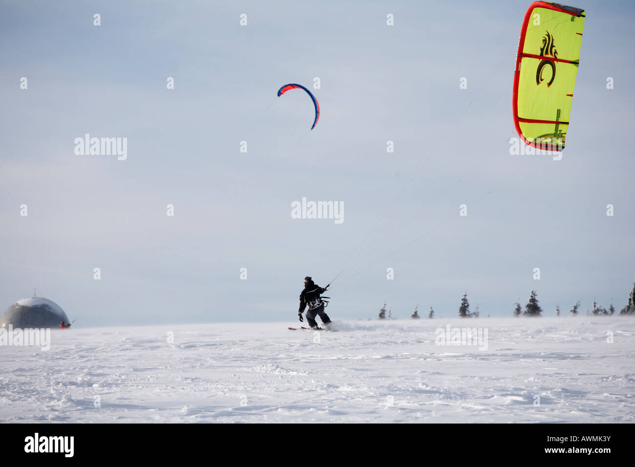 Snowkiting, kiteskiing, Mt. Wasserkruppe, Rhoen Mountains, Hesse, Germany, Europe Stock Photo