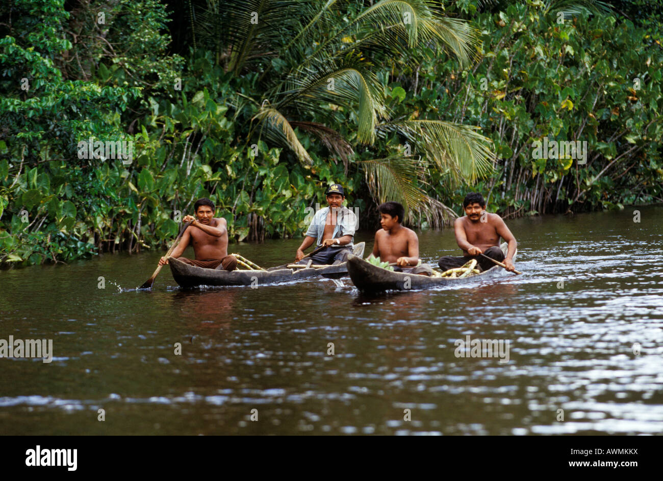 Warao Indians in a dugout canoe, Orinoco River Delta, Venezuela, South America Stock Photo