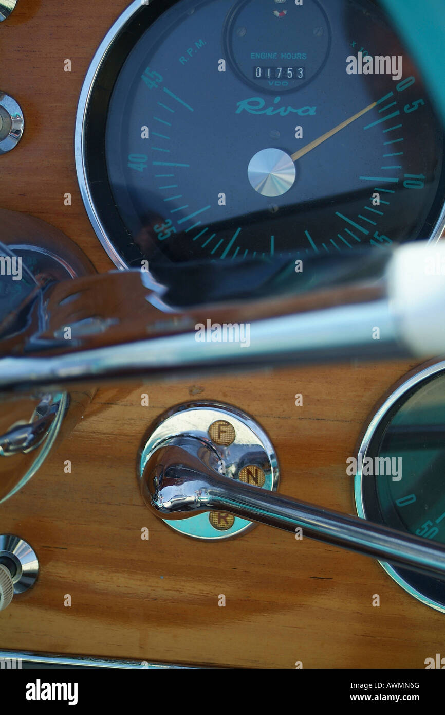 Cockpit, guages and start lever, Italian-made Riva Motorboat Stock Photo