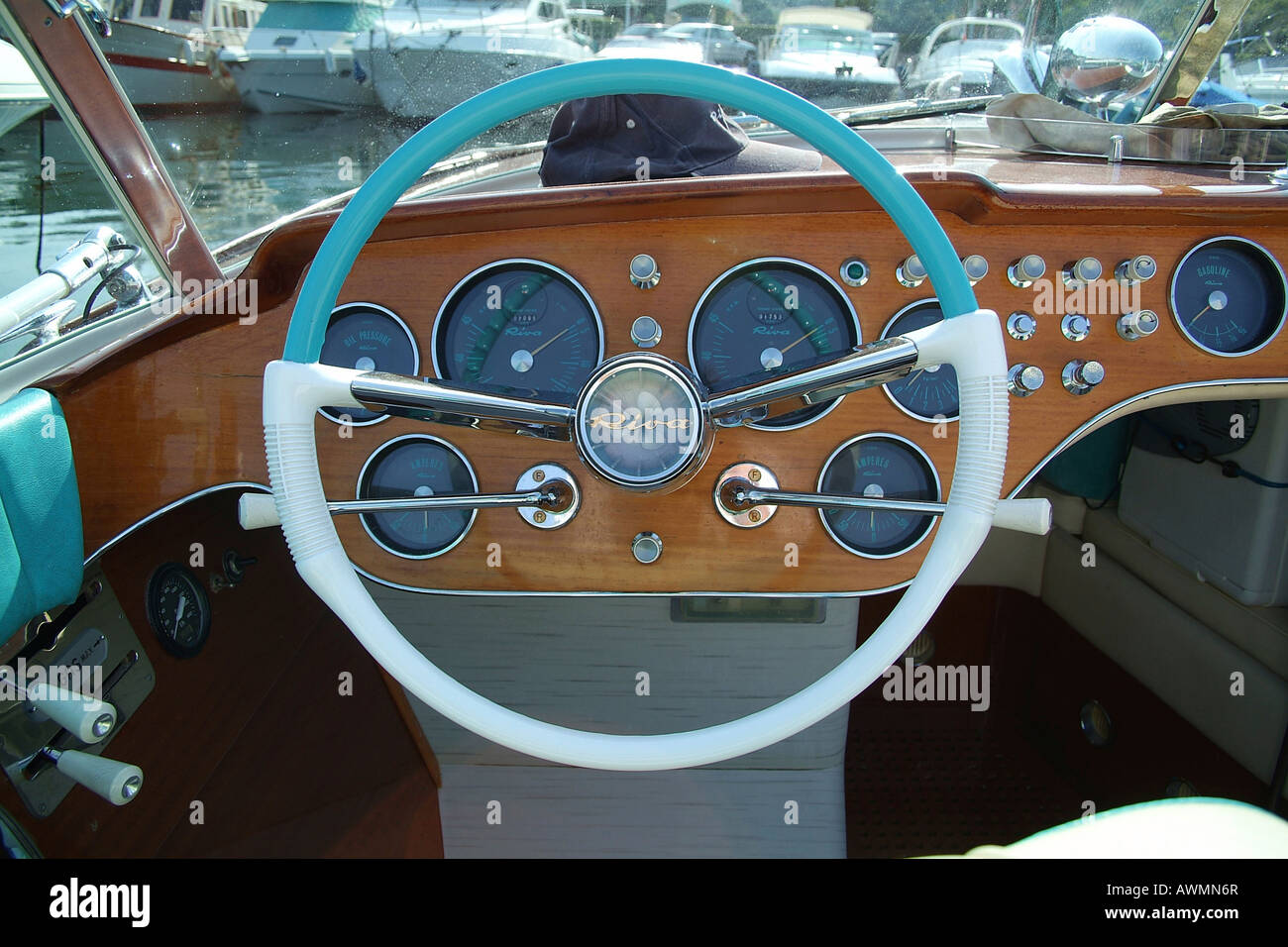 Cockpit, wheel and dashboard, Italian-made Riva Motorboat Stock Photo