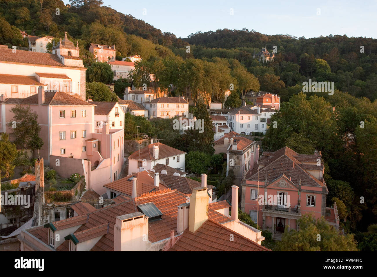 Residential homes at sunset on a hillside in Sintra, Portugal. Stock Photo