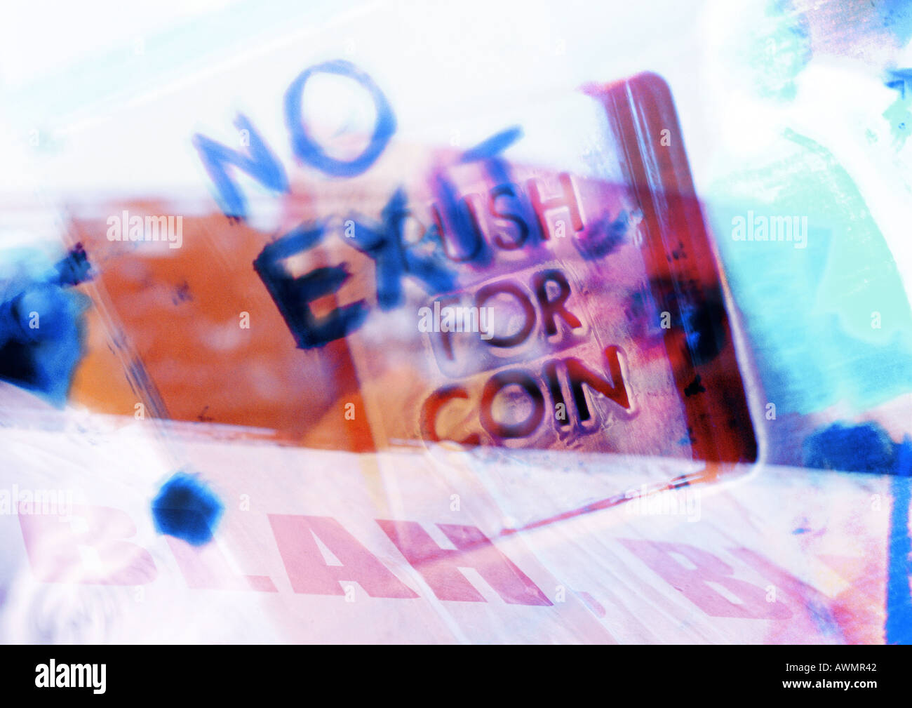 No exit, 'push for coin' and 'blah blah' texts, composite, close-up Stock Photo