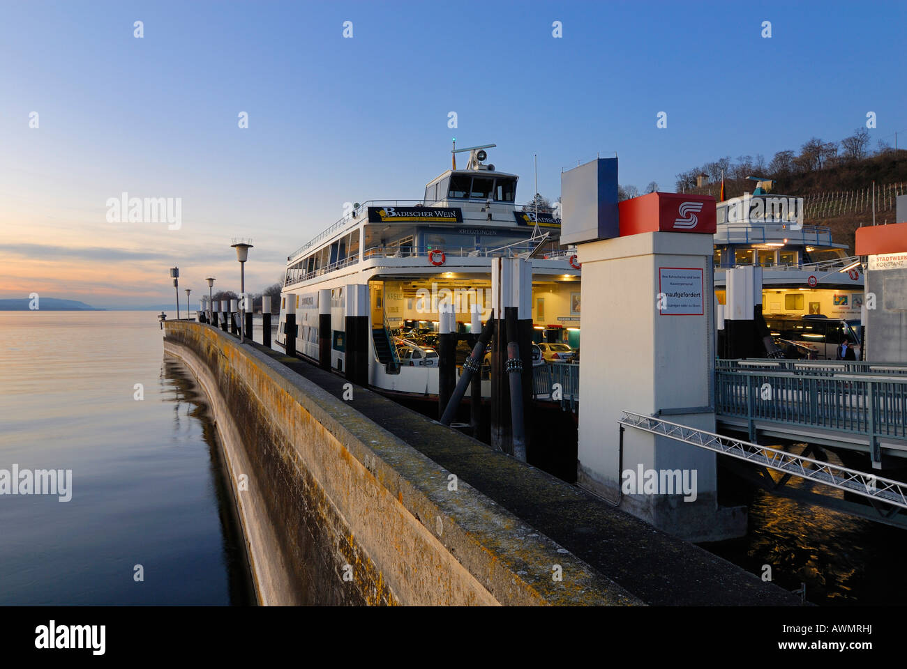 Ferry docks at dusk, Meersburg, Lake Constance, Baden-Wuerttemberg, Germany, Europe Stock Photo