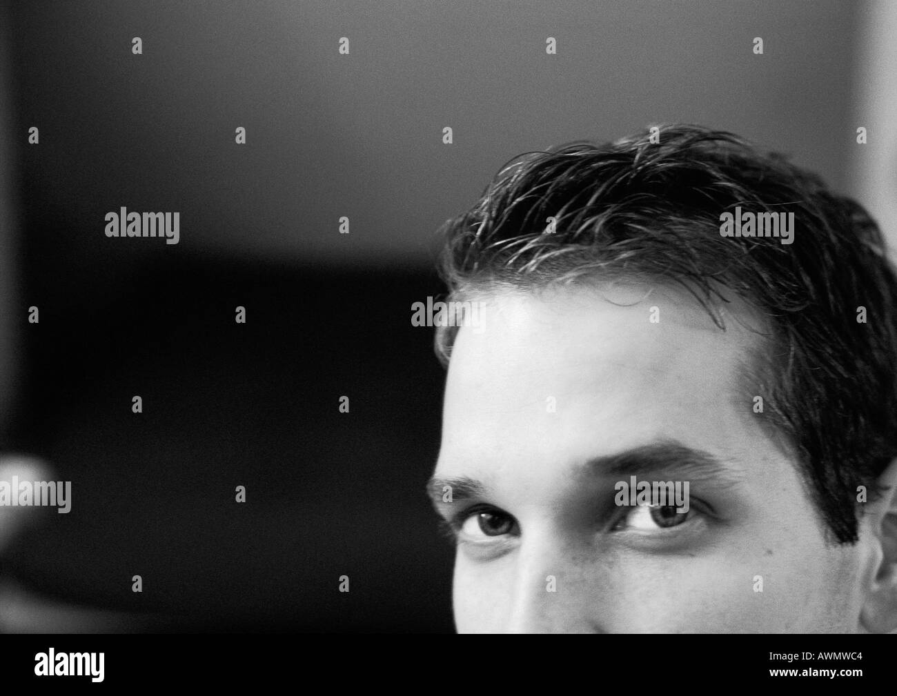 Partial view of man's face, black and white, close up. Stock Photo