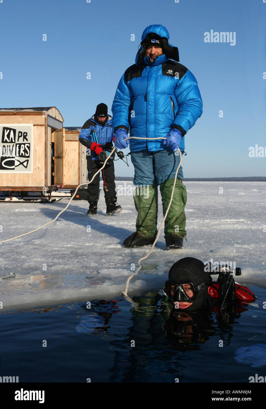 Dive under ice. White Sea, White Karelia, Russia Stock Photo