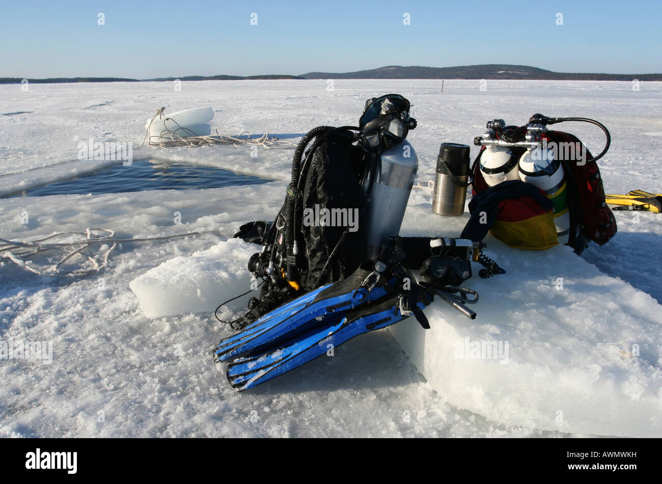 Diving equipment at a ice hole. White Sea, White Karelia, Russia Stock Photo