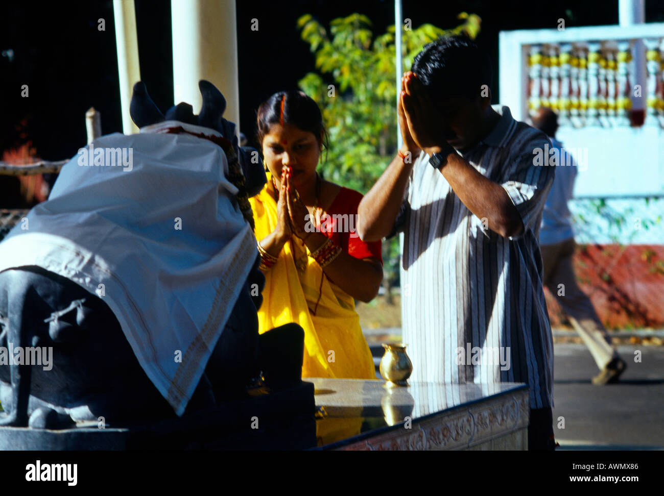 Grand Bassin Mauritius Hindu Couple Praying before Nandi Shivas Steed Stock Photo