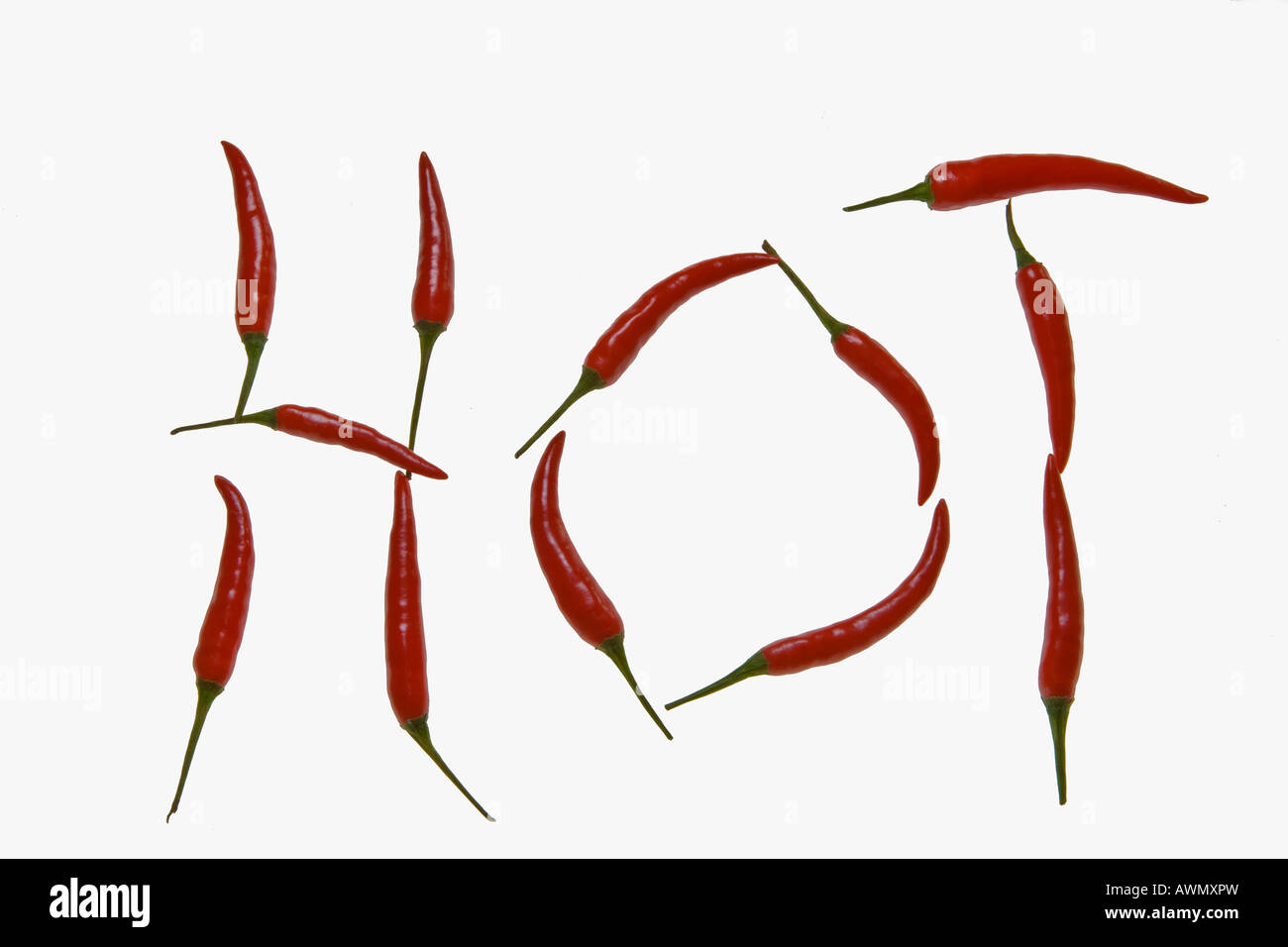 Red chili peppers, formed to spell 'HOT' Stock Photo