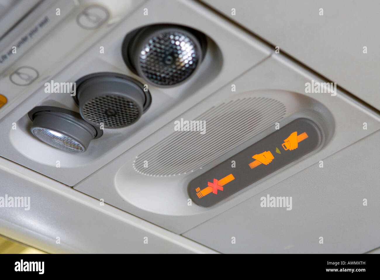 Safety warning displays in an airplane cabin Stock Photo