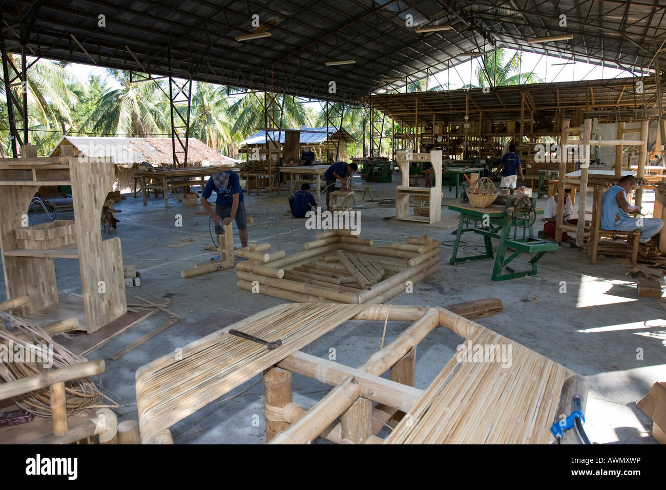 Bamboo being processed at a furniture factory in Negros, the Philippines, Asia Stock Photo