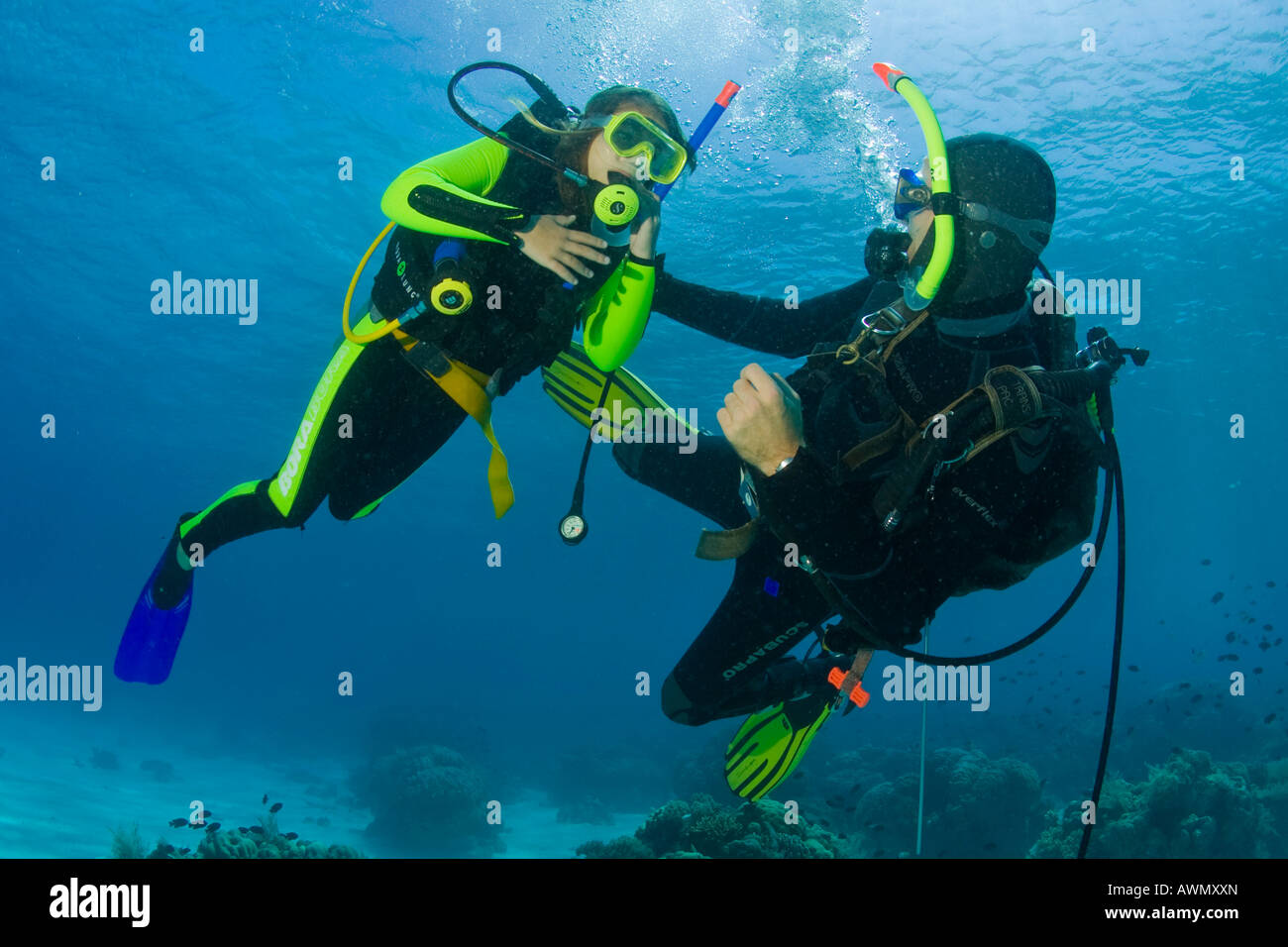 Girl taking scuba lessons in the ocean Indonesia, Asia Stock Photo