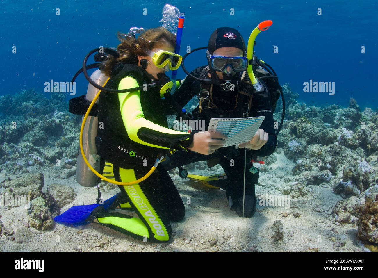 Girl taking scuba lessons in the ocean Indonesia, Asia Stock Photo