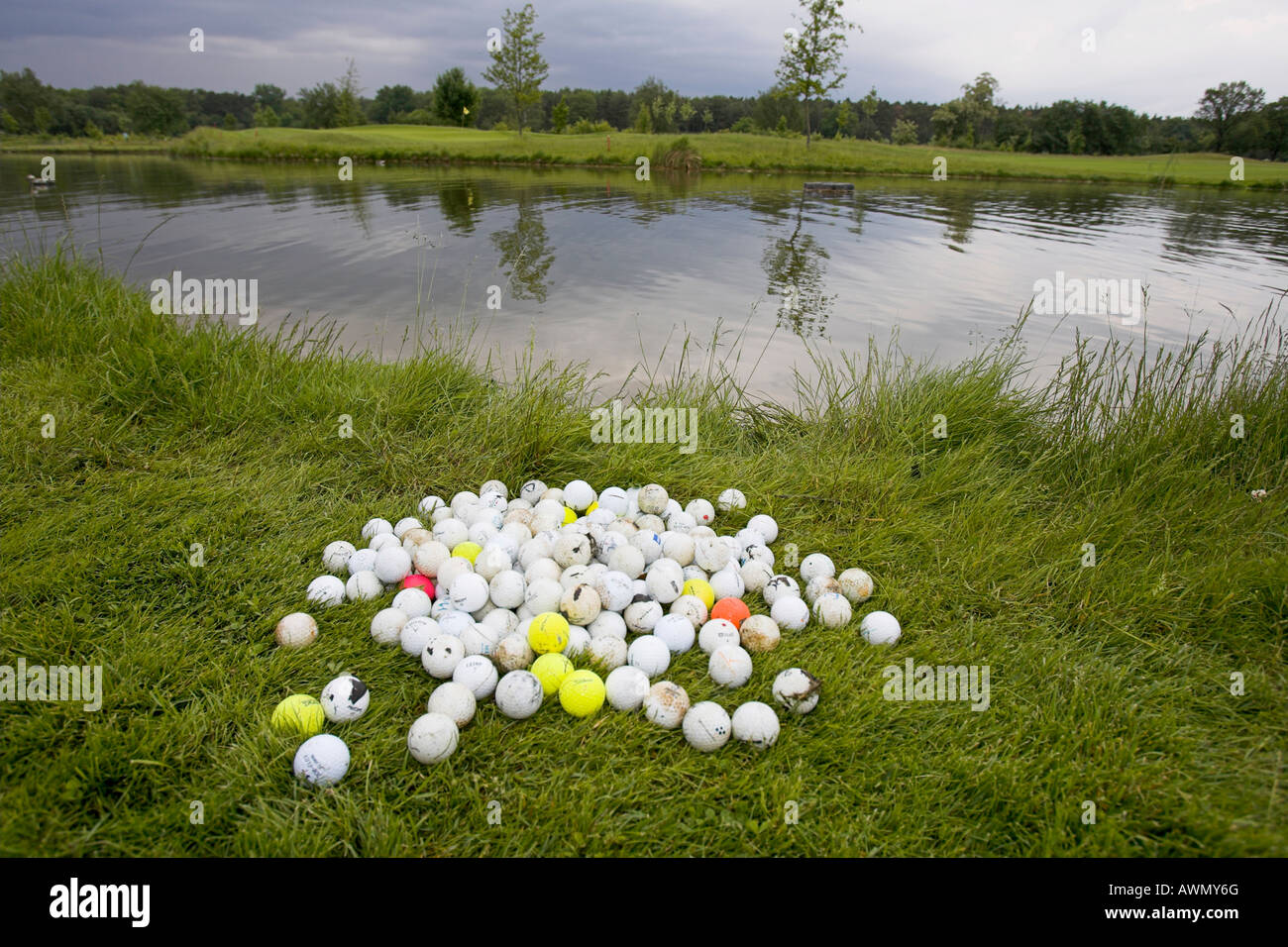 Divers harvesting golf balls from a lake at a golf course to sell them