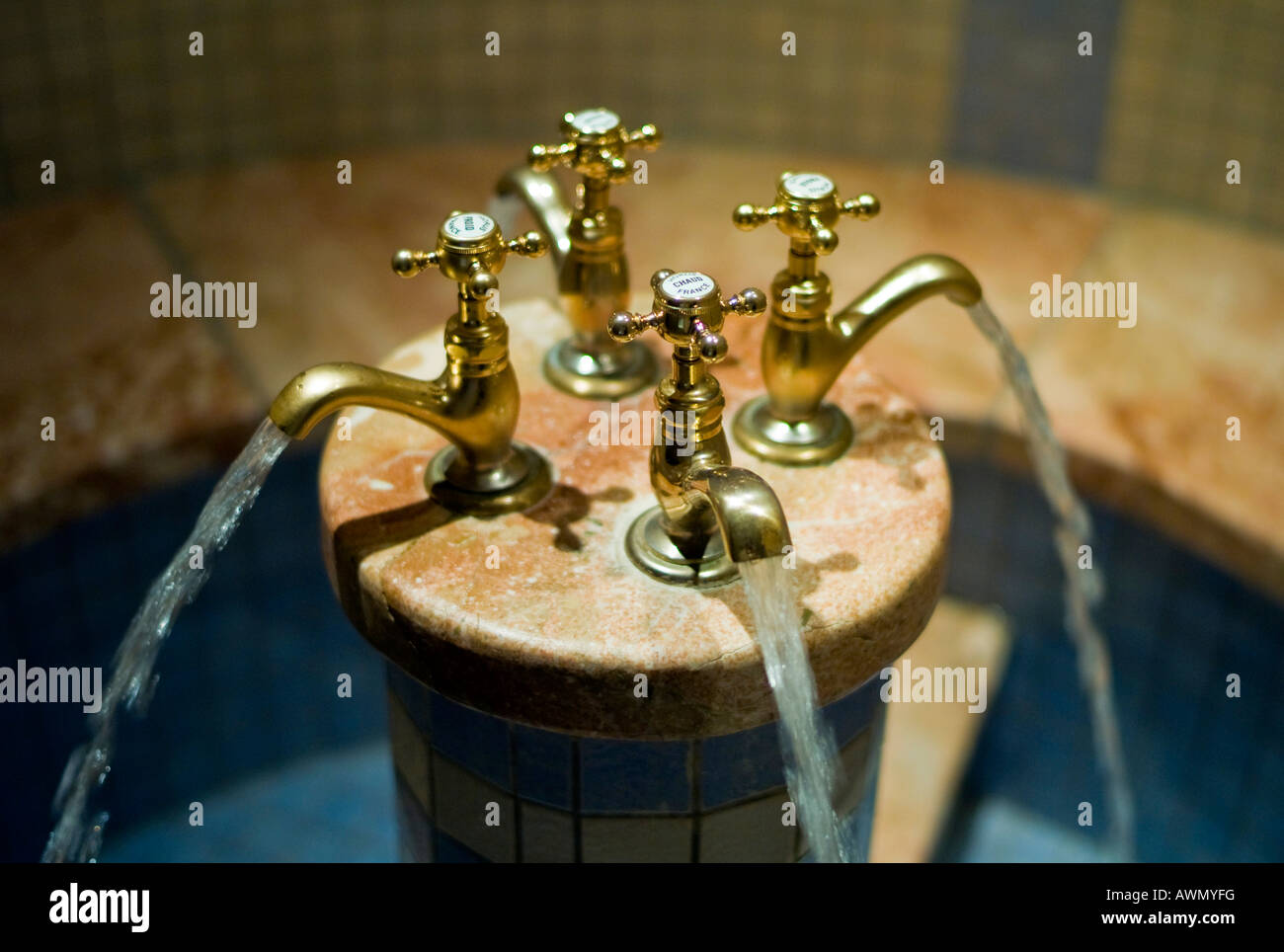 Sink, water flowing from taps, Kneipp spa, Germany, Europe Stock Photo