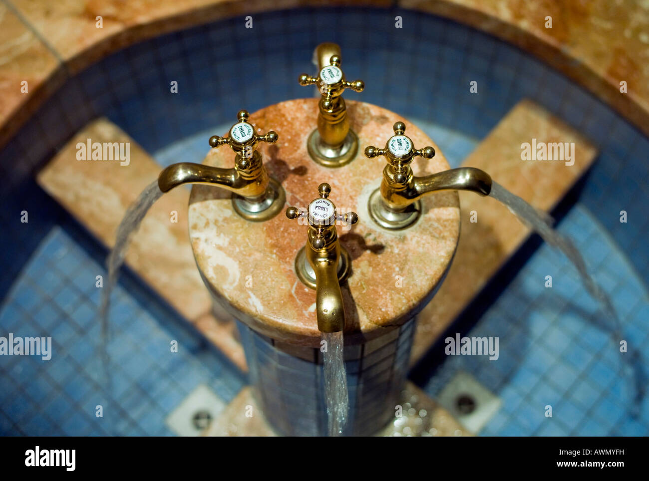 Sink, water flowing from taps, Kneipp spa, Germany, Europe Stock Photo