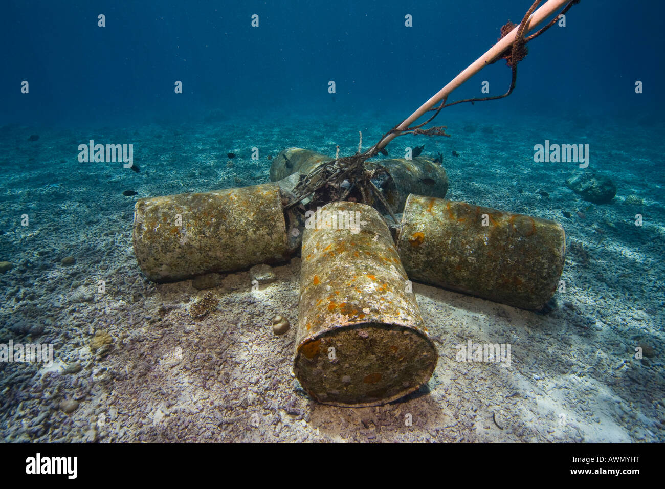 Barrels used to anchor a buoy on the ocean floor, Bunaken, Indonesia, Southeast Asia, Asia Stock Photo