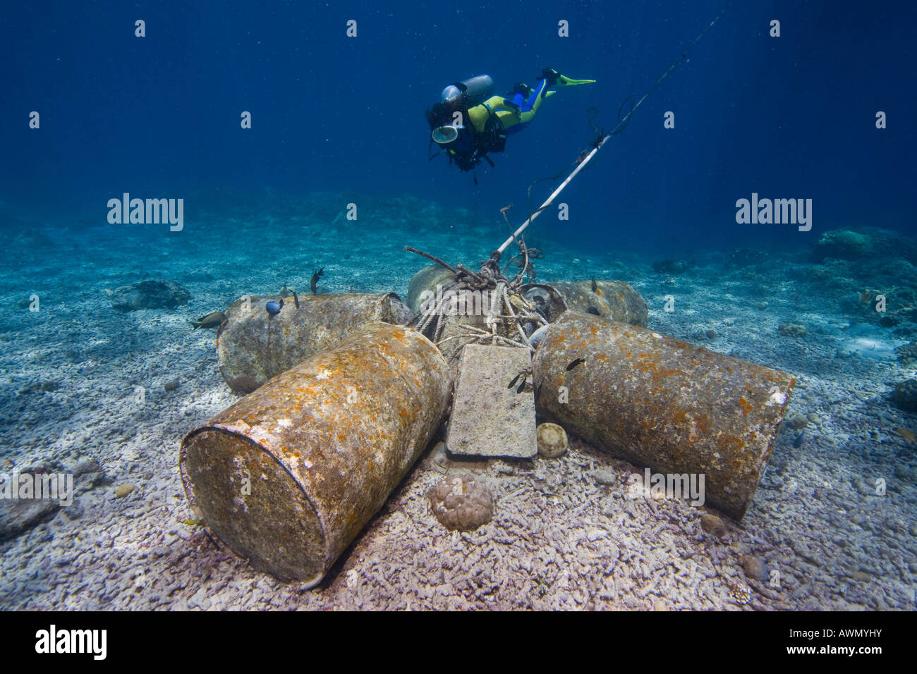 Barrels used to anchor a buoy on the ocean floor, Bunaken, Indonesia, Southeast Asia, Asia Stock Photo