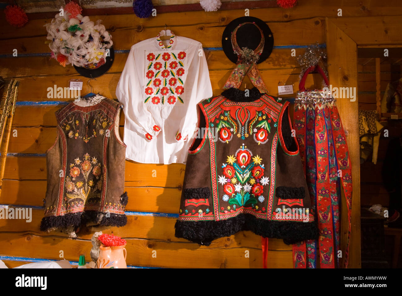 Traditional, handcrafted clothing bearing edelweiss designs at a museum in Zdiar, High Tatra Mountains, Slovakia, Europe Stock Photo