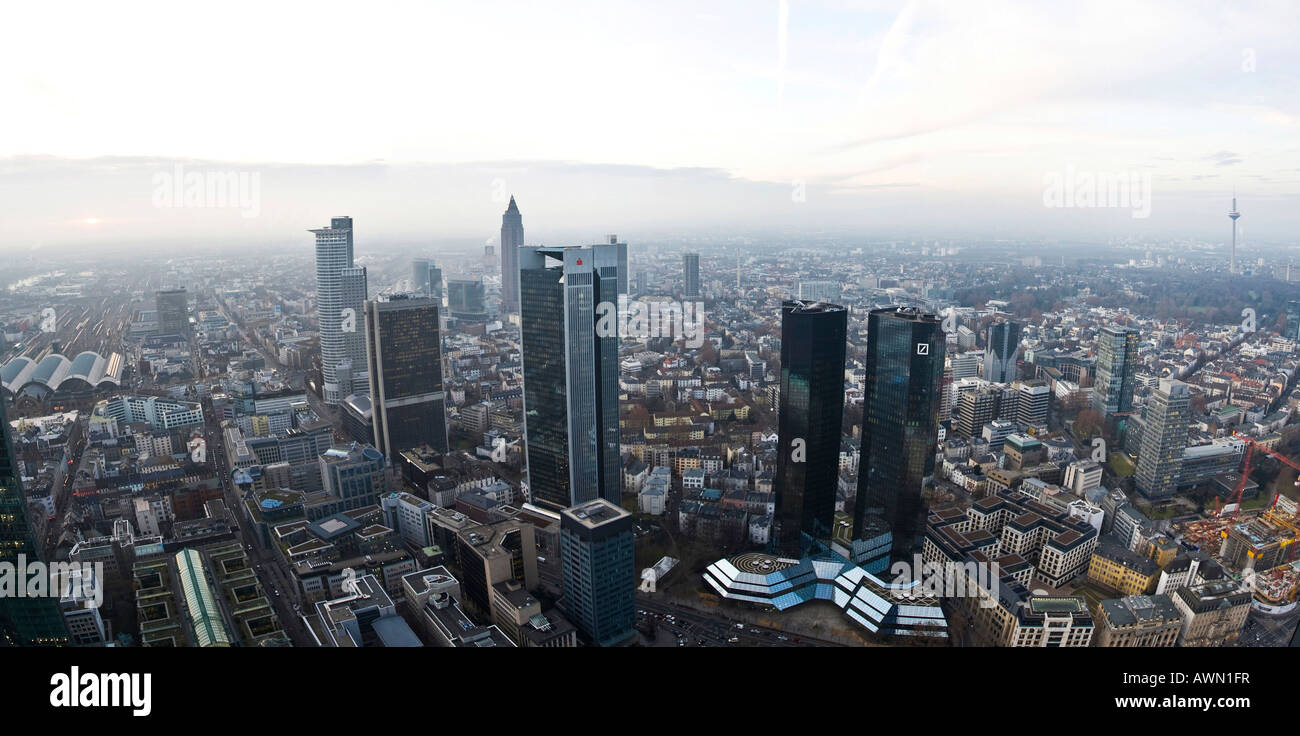 Panorama shot, skyline featuring the Deutsche Bank, Sparkasse and Convention Towers, central rail station, Frankfurt, Hesse, Ge Stock Photo
