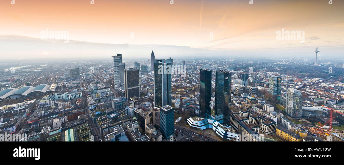 Panorama shot, skyline featuring the Sparkasse- and Convention Towers and central rail station, sunset augmented using camera e Stock Photo