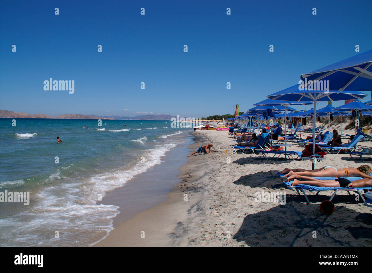 Parasols at Kos Beach, Kos, Dodekanes, Greece, Europe Stock Photo