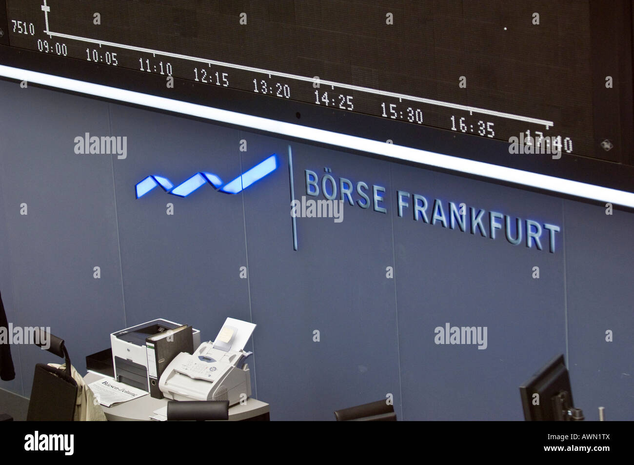 Overhead information sign listing website and opening hours at Frankfurt Stock Exchange, Frankfurt, Hesse, Germany, Europe Stock Photo