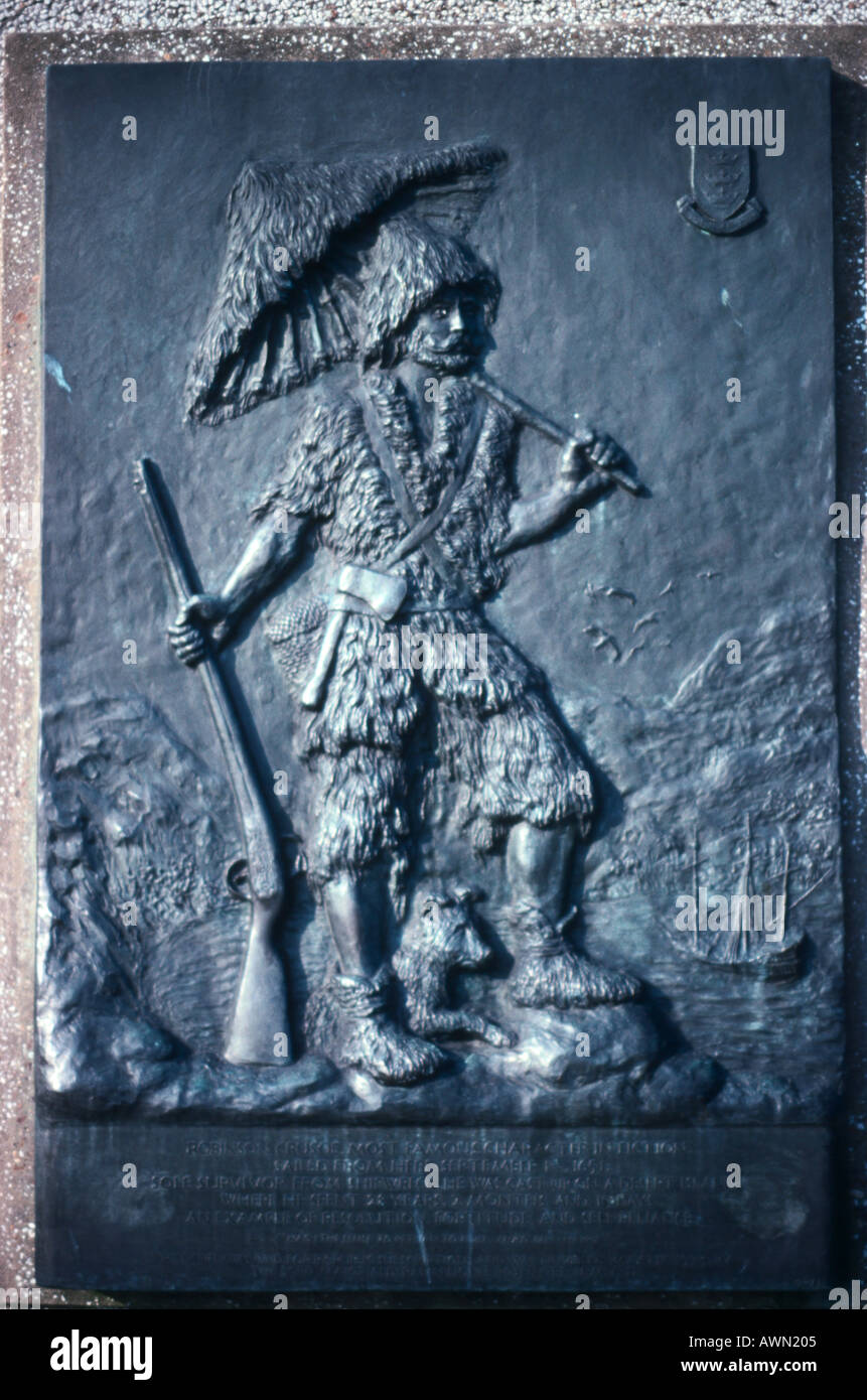 Bronze relief panel of Robinson Crusoe Hull UK Stock Photo