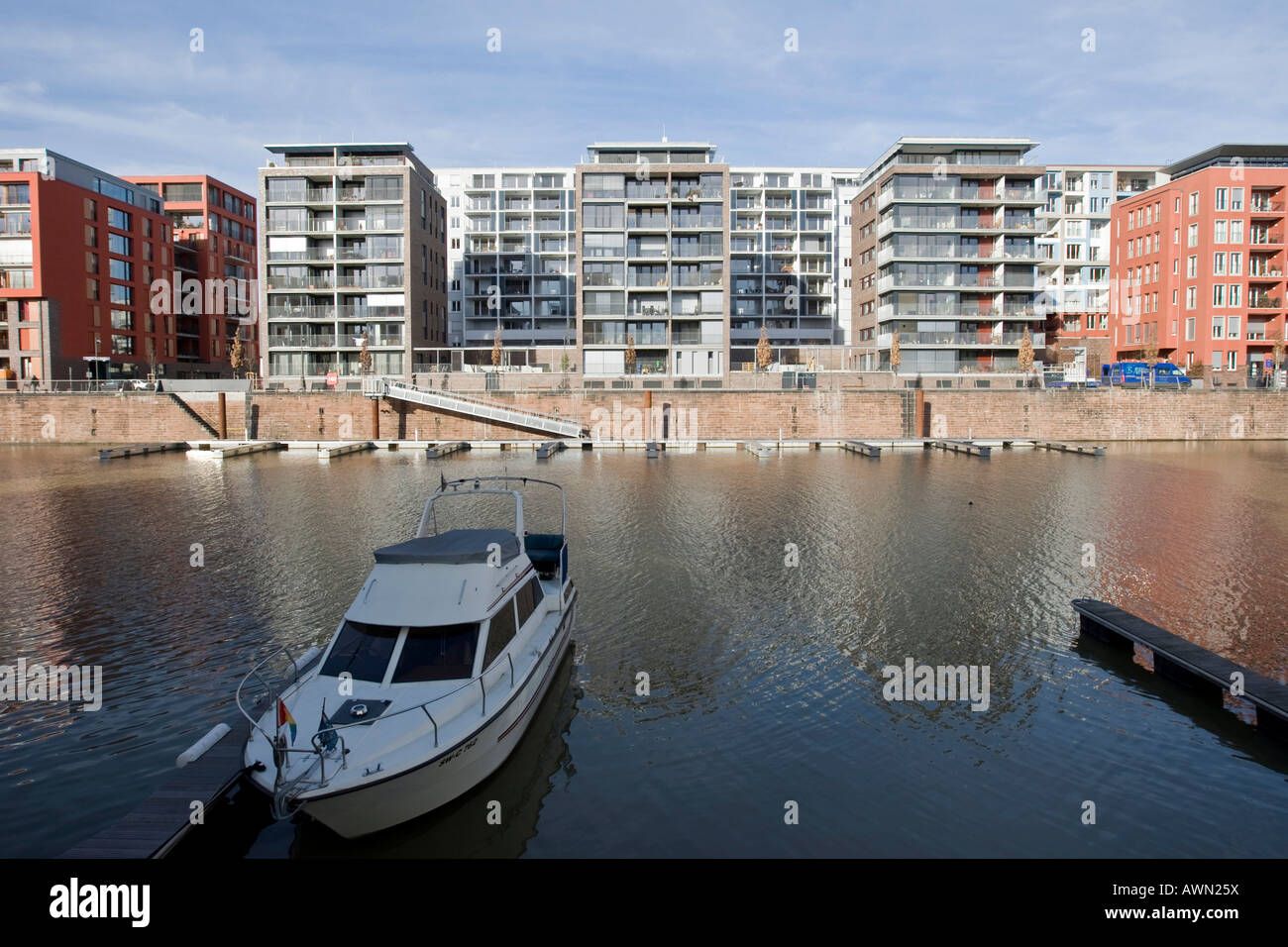 Luxury condos with private docking facilities at Westhafen Harbour, Westhafen Square, Frankfurt, Hesse, Germany, Europe Stock Photo
