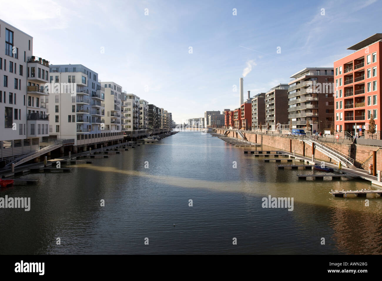 Luxury condos with private docking facilities at Westhafen Harbour, Westhafen Square, Frankfurt, Hesse, Germany, Europe Stock Photo