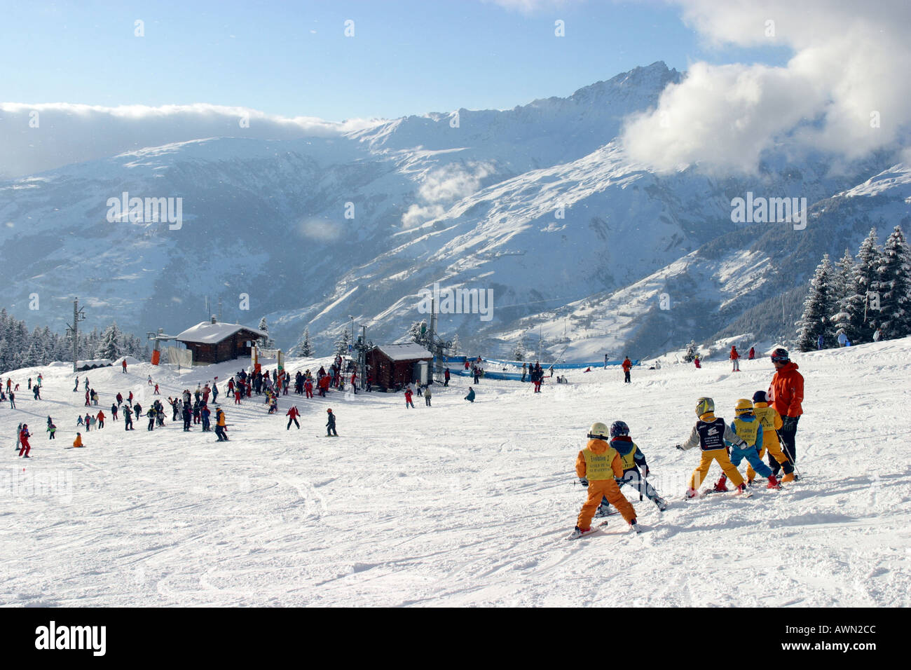 Childrens ski class in the French ski resort of La Rosiere Stock Photo