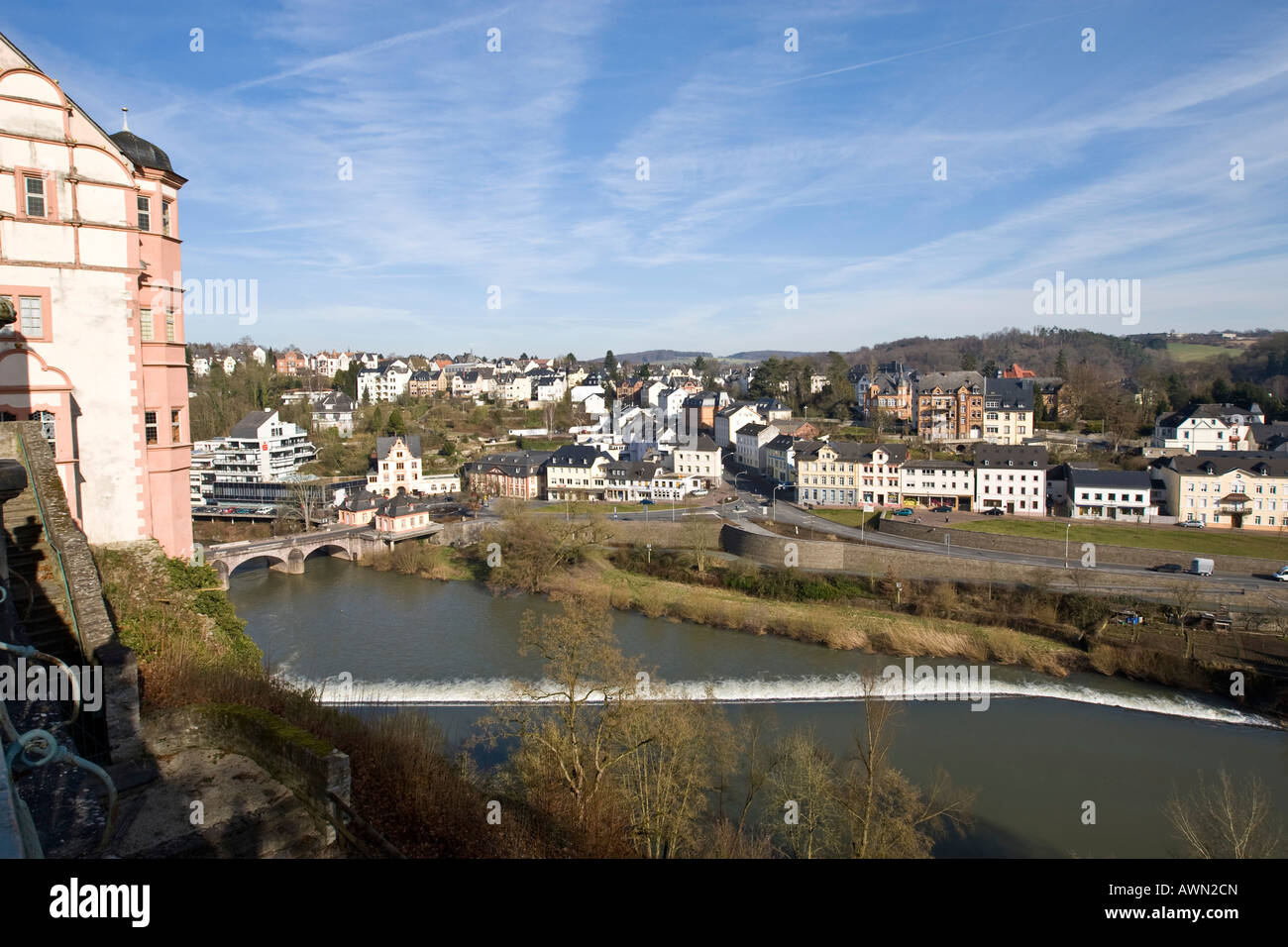 View of the Lahn River and the town centre from Weilburg's renaissance ...