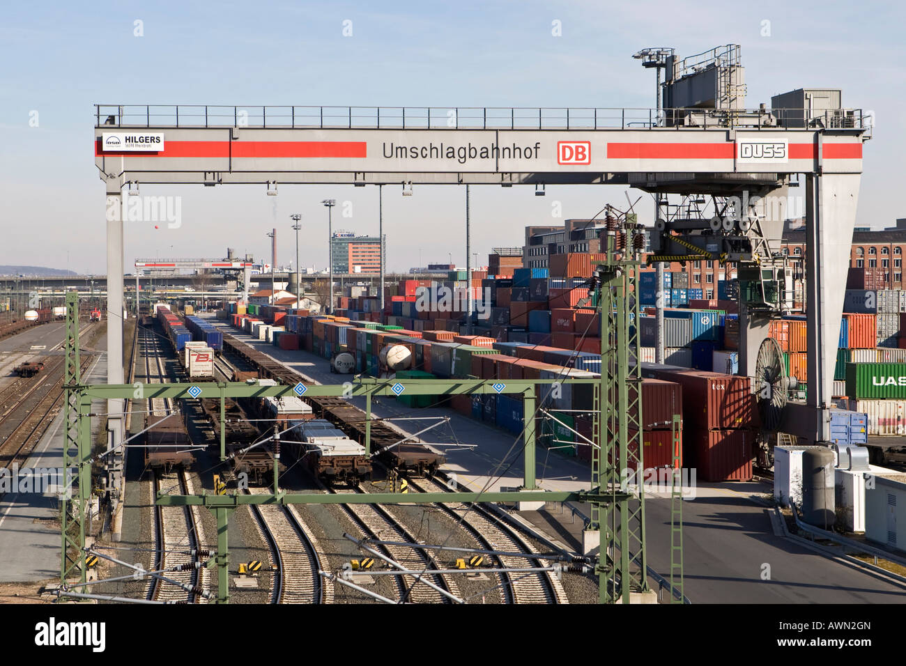 Containers and loading crane at the transshipment rail station in Frankfurt West, Frankfurt, Hesse, Germany, Europe Stock Photo