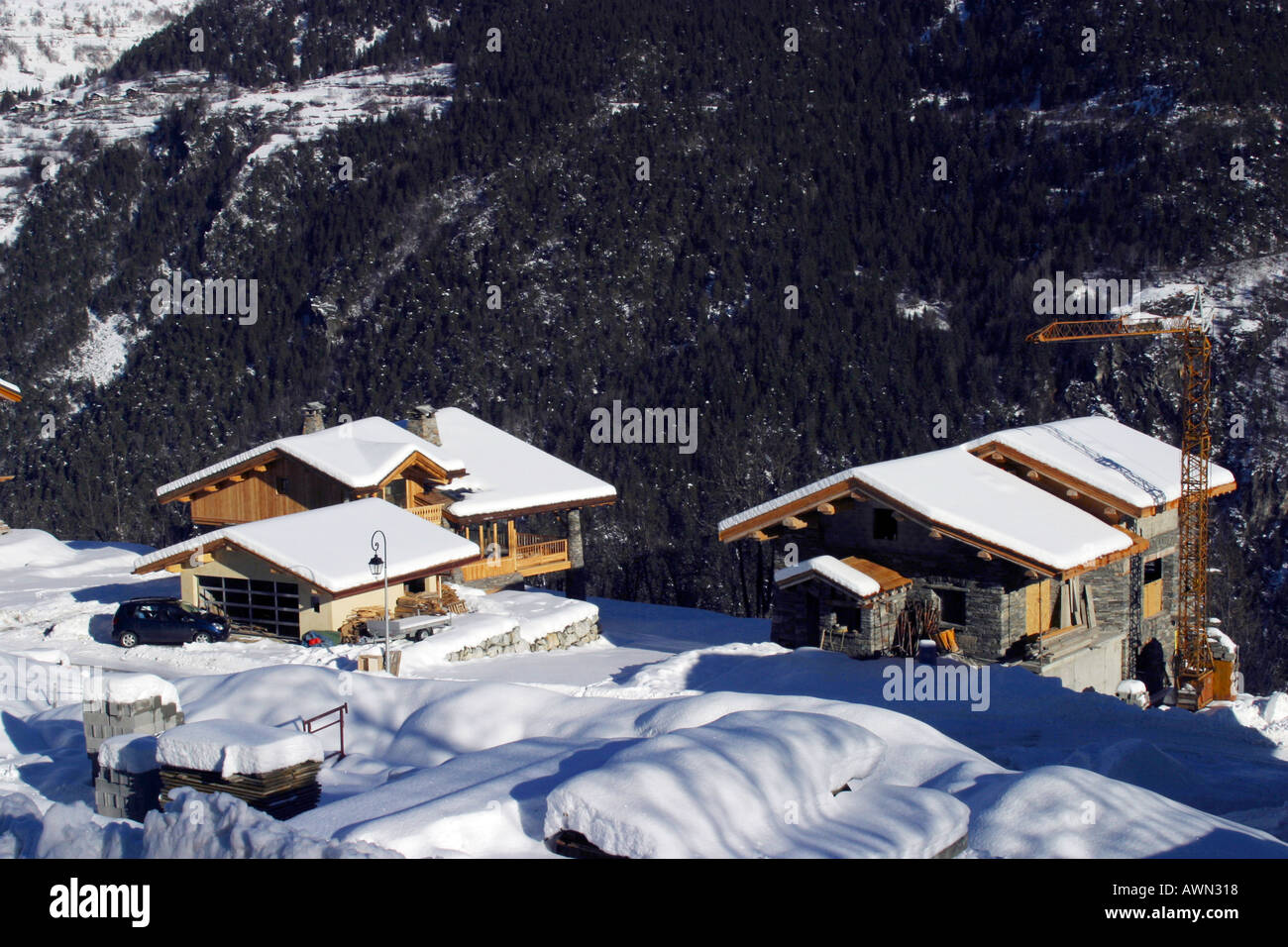 Construction of new chalets in the small ski village of Vilaroger near Les Arcs France Stock Photo