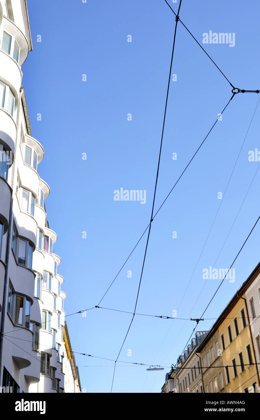 Overhead electrical wiring for trams, Munich, Bavaria, Germany, Europe