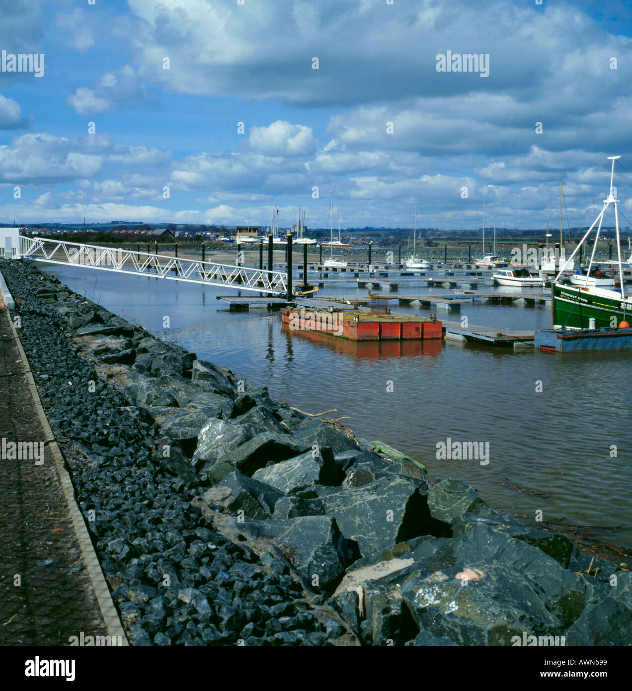 Whin stone boulders used for the sea wall of a marina, Amble Marina