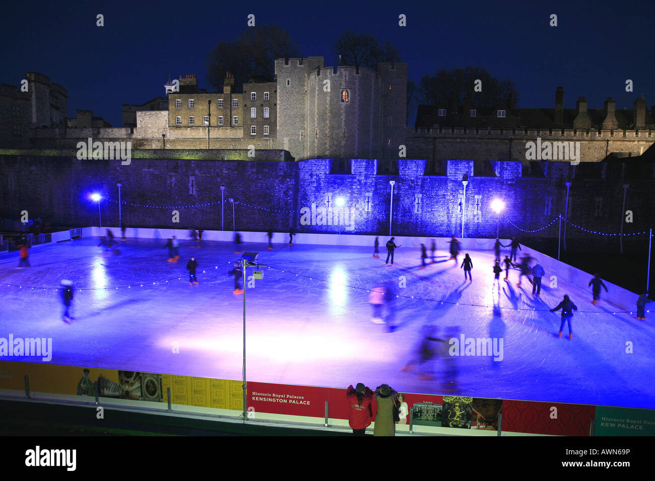 Artificial ice skating rink for Christmas skating in front of the Tower of London, UK Stock Photo