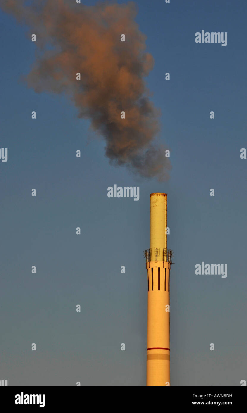 Chimney of EnBW power and incineration plant with radio antennas in Stuttgart-Muenster, Stuttgart, Baden-Wuerttemberg, Germany Stock Photo