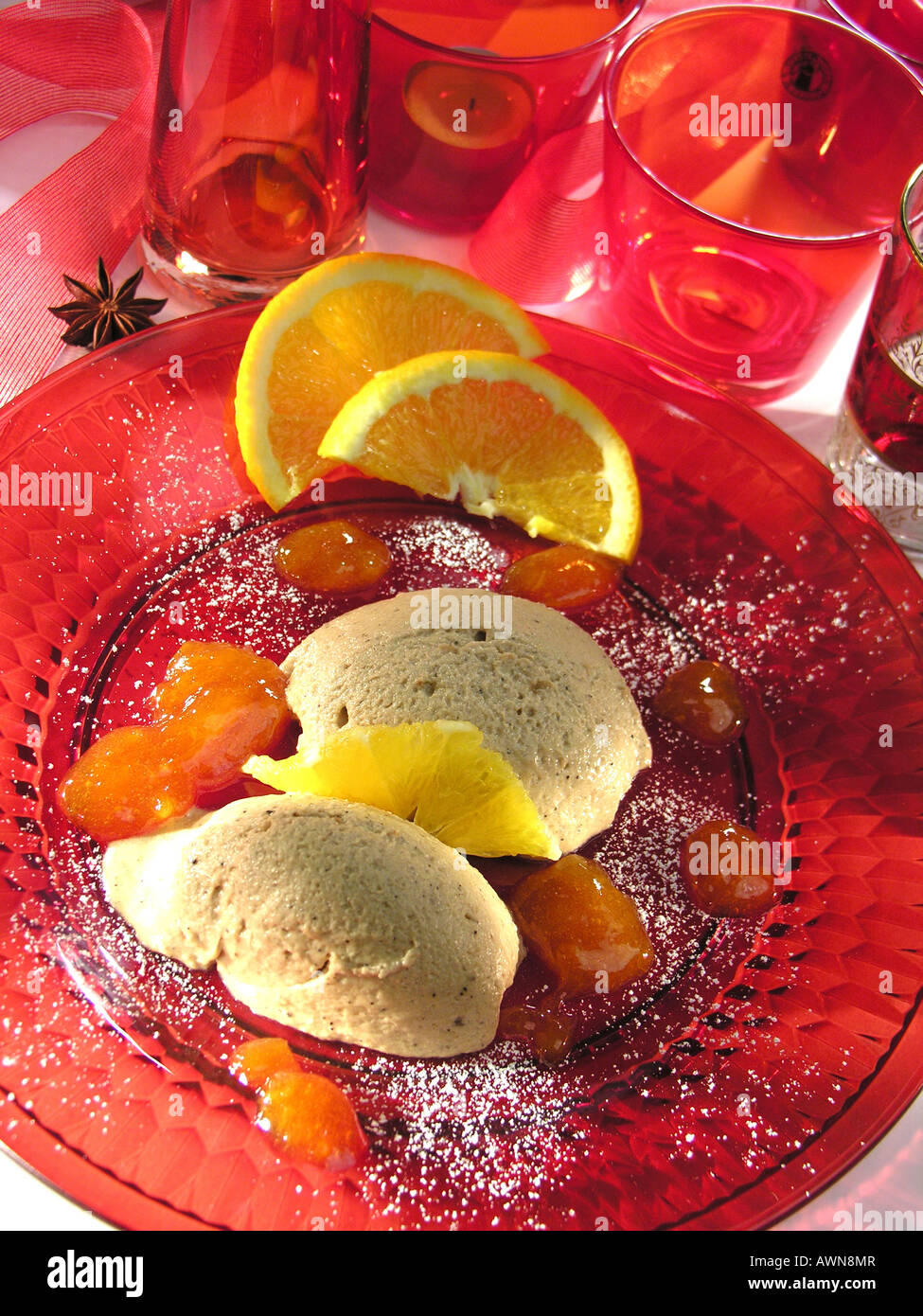 Red plate featuring desert Stock Photo