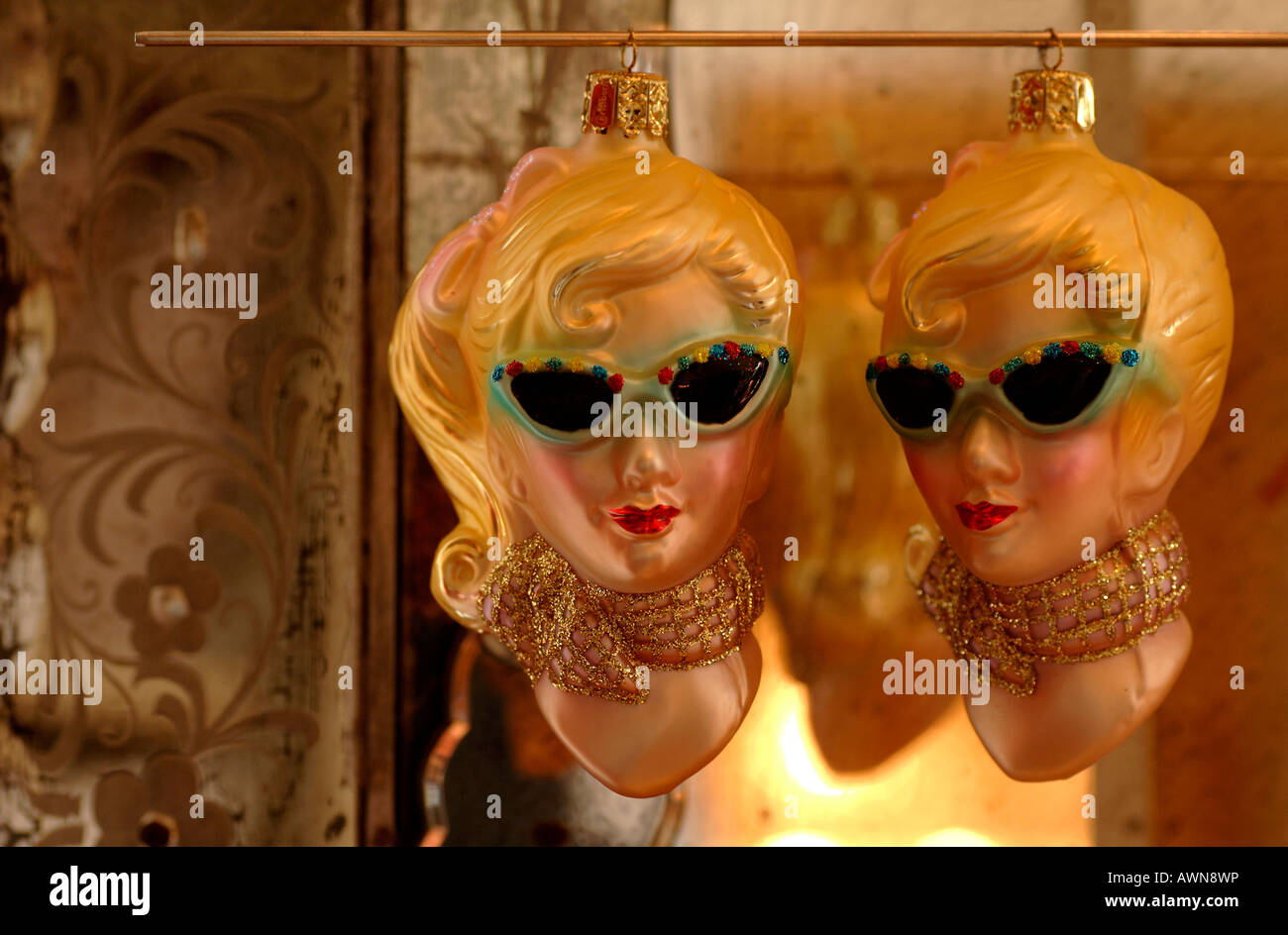 Retro ornaments from the 1950s featuring two blonde women wearing sunglasses and scarves Stock Photo