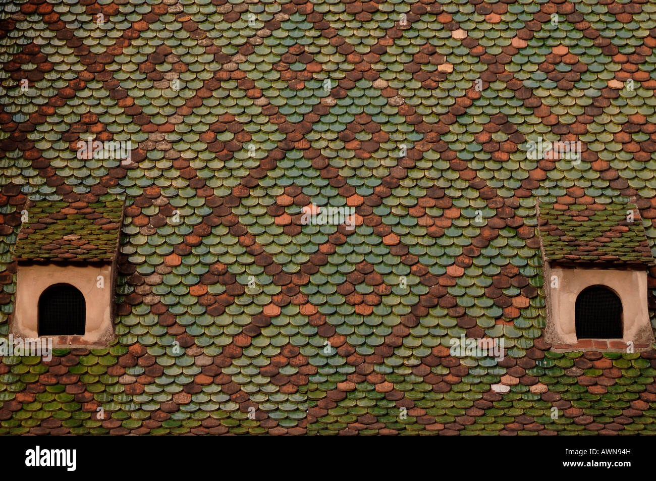 Colourful roof with two small windows, Colmar Cathedral, Colmar, Alsace, France, Europe Stock Photo