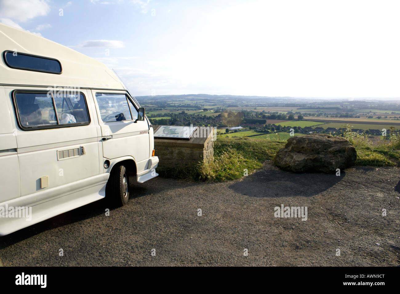 Camper van caravan and view from Ham Hill, Somerset, England Stock Photo