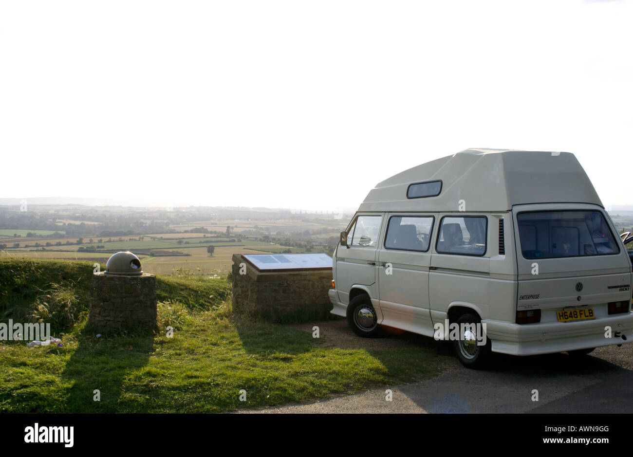 Camper van caravan and view from Ham Hill, Somerset, England Stock Photo