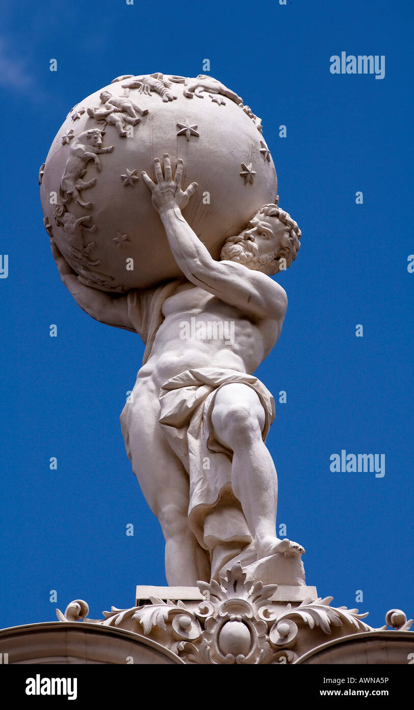 Atlas statue on the roof of Linderhof Palace, Upper Bavaria, Bavaria, Germany, Europe Stock Photo