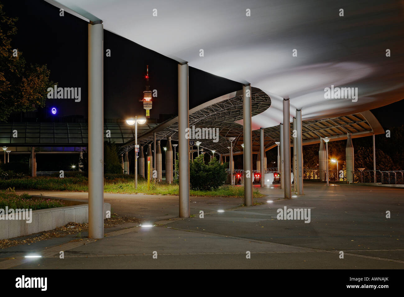 Entrance subway station, roofed, night shot, Germany, North Rhine-Westphalia, Dortmund, Westfalenhallen Stock Photo