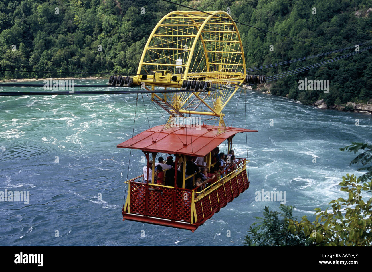 River. Swirling waters. Below waterfalls. Spanish Aero cable car above water. People. Stock Photo
