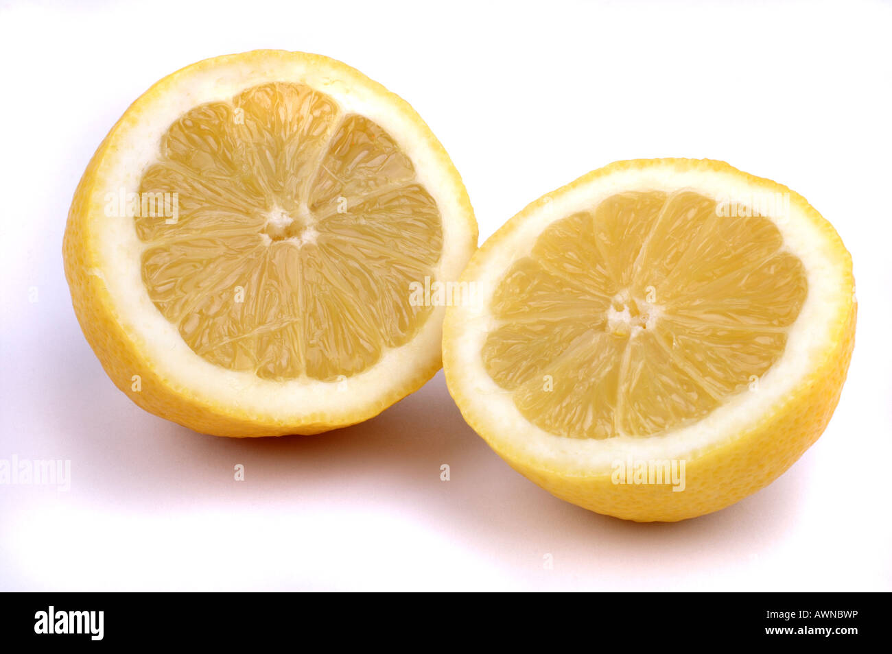 Aufgeschnittene Zitrone vor weißemHintergrund / Lemon cut into two halves Stock Photo